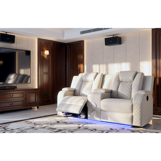 Sunvega Faux Leather Power Reclining Loveseat with LED Lighting and USB Ports