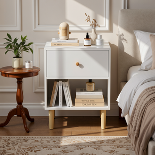 Sunvega White Wooden Nightstand with One Drawer and Shelf for Kids and Adults