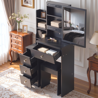 Sunvega Small Size Left Bedside Vanity Table with Cushioned Stool and Touch LED Mirror