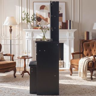 Sunvega Small Space Left Bedside Cabinet Vanity Table with Cushioned Stool and Sliding Mirror