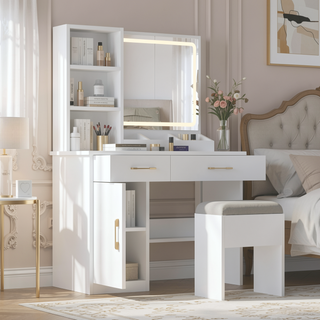 Sunvega White Glass Top Vanity Desk with 10 Drawers and Lighted Mirror