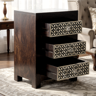Sunvega Handcrafted Mango Wood Nightstand with Buffalo Bone Inlay and Three Drawers