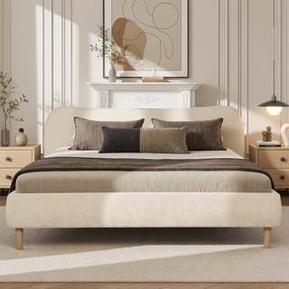 Sunvega King Upholstered Platform Bed with Curved Headboard in Oatmeal Chenille