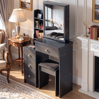 Sunvega Small Size Left Bedside Vanity Table with Cushioned Stool and Touch LED Mirror