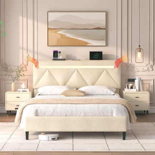 Sunvega Full Bed Frame with Headboard Upholstered Platform Charging Station LED Lights