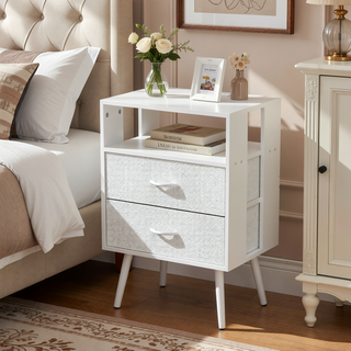 Sunvega Modern Nightstand with Charging Station, LED Light and Fabric Drawers