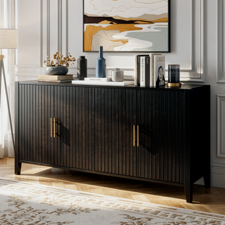 Sunvega Modern 4-Vertical Wavy Slatted Doors Sideboard with Solid Wood Legs and Metal Handles for Dining Room