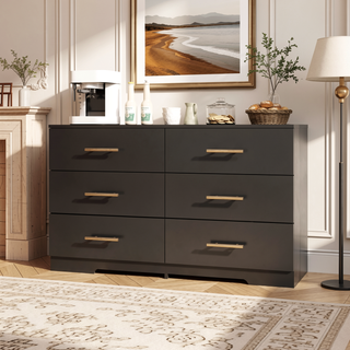Sunvega White Wooden Six Drawer Cabinet with Golden Handles Large Storage Space