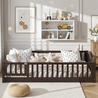 Sunvega Natural Rubber Wood Twin Size Floor Bed with Safety Guardrails and Door