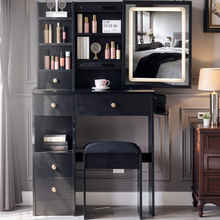 Sunvega Small Size Left Drawer Vanity Table with Adjustable LED Mirror and Stool