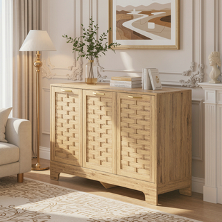 Sunvega Mid-Century Wood Storage Cabinet with 3 Woven Doors and Adjustable Shelf