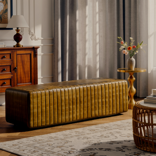 Sunvega Tufted Cushion Side Bench with Padded Goat Leather Upholstery and Tapered Metal Legs