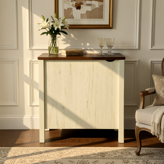 Sunvega Farmhouse End Table with Charging Station, Barn Door, and Drawer for Bedroom