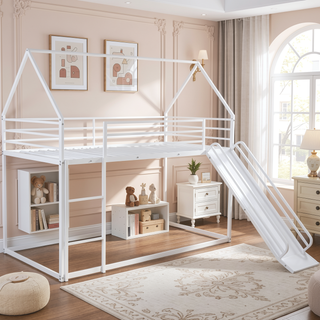 Sunvega Twin over Twin House Bunk Bed with Ladder and Slide in White