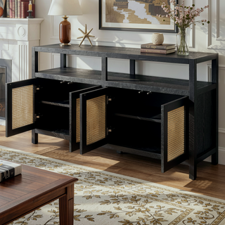 Sunvega Bohemian Style Rattan Buffet Cabinet with Solid Wood Frame and Adjustable Shelves for Living Dining Rooms