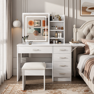 Sunvega Vanity Desk with Mirror and Lights for Makeup with 5 Drawers and Open Shelves