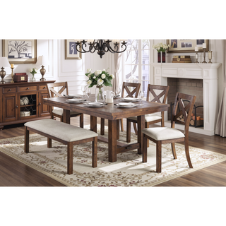 Sunvega Transitional Brown Finish Wood Frame Dining Bench with Beige Upholstered Seat