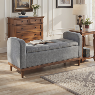 Sunvega Solid Wood Walnut Finish Tufted Dark Gray Upholstered Storage Bench with Lift Top