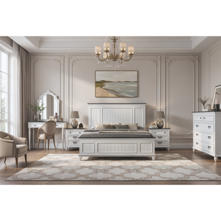 Sunvega Modern Farmhouse King Bedroom Set with Dresser Mirror and Two Nightstands