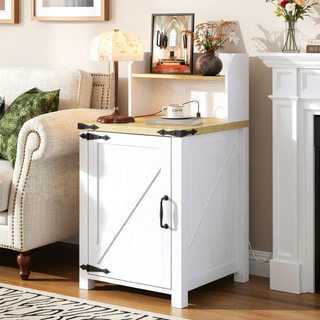 Sunvega Farmhouse End Table with Barn Door, Charging Station, and Adjustable Shelf