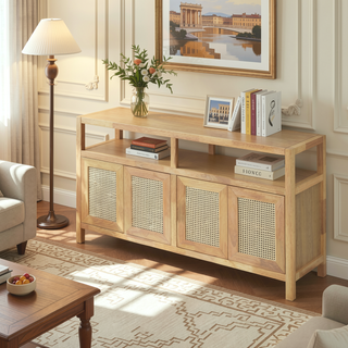 Sunvega Bohemian Style Rattan Buffet Cabinet with Solid Wood Frame and Adjustable Shelves for Living Dining Rooms