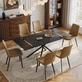 Sunvega Retractable Sintered Stone Dining Table with Black Carbon Steel Legs for 6-8 Seats
