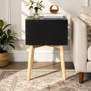 Sunvega Mid-Century Modern Bedside Table with 2 Drawers and Rubber Wood Legs