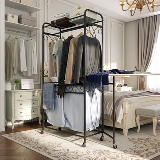 Sunvega Heavy Duty Metal Laundry Hamper Cart with Hanging Rail and Storage Shelf