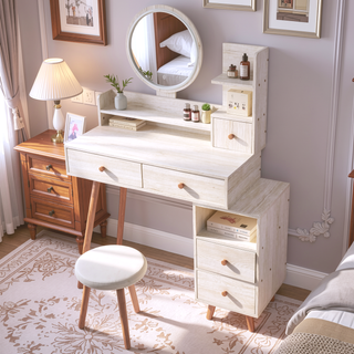 Sunvega Vanity Table with Touch Control LED Mirror and Cushioned Stool, Large Storage Cabinet