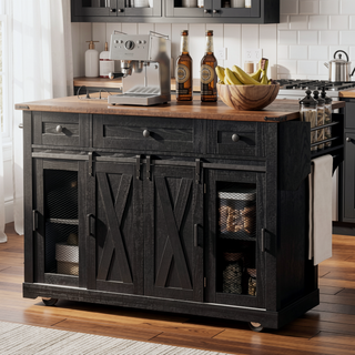 Sunvega Farmhouse Kitchen Island with Storage Sliding Barn Door Drop Leaf and Charging Station