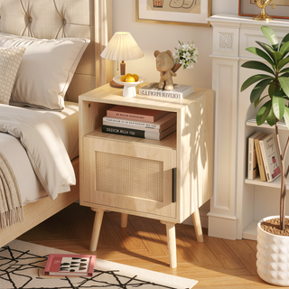 Sunvega Rattan Nightstand with Cane Decor Door and Open Shelf for Bedroom