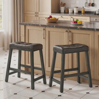 Sunvega Distressed Wooden Farmhouse Barstools with Faux Leather Seat, Counter-Height