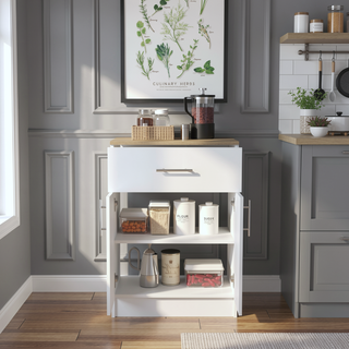 Sunvega 33" H White Light Oak Pantry Organizer Cabinet with Drawer and Shelves