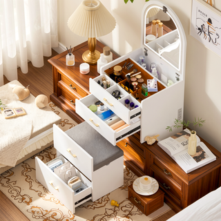 Sunvega White Glass Top Vanity Desk with 10 Drawers and Lighted Mirror