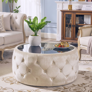 Sunvega Modern Glam Velvet Ottoman with Tempered Glass Top and Button Tufting