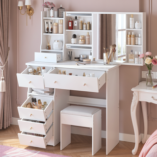 Sunvega Small Size Left Drawer Desktop Vanity Table with Cushioned Stool