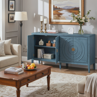Sunvega Retro Sideboard Door with Circular Groove Design Round Metal Handle for Entrance
