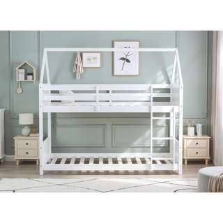 Sunvega Twin Over Twin Wooden House Bunk Bed with Headboards Footboards Guardrails Ladder