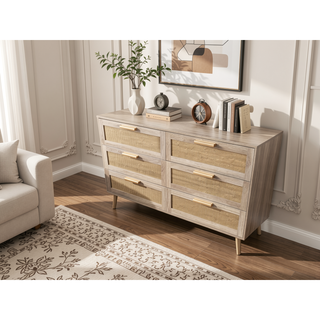 Sunvega Rattan 6 Drawer Dresser with Wood Handles for Bedroom Storage Cabinet