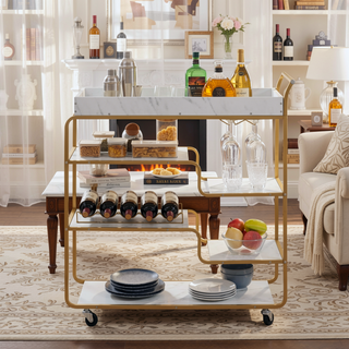 Sunvega Retro Style Two-Tier Bar Serving Cart with Wine Rack and Glass Holder