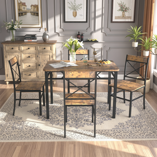 Sunvega Compact Rustic Brown Wood Kitchen Dining Table Set for 4 with Chairs