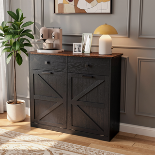 Sunvega Farmhouse Barn Door Style Trash Cabinet for 2 x 10 Gallon Cans