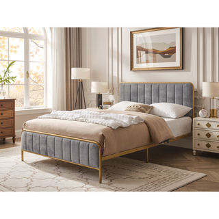 Sunvega Upholstered Queen Bed Frame with Tufted Headboard and Soft Fabric
