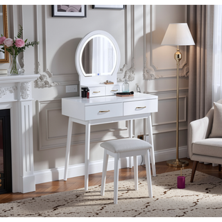 Sunvega Modern Luxury White Vanity Table Set with Built-in LED-lit Mirror and Stool