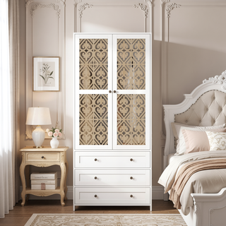 Sunvega White Rattan Wardrobe Armoire with 3 Drawers and Anti-Tip for Bedroom