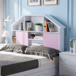 Sunvega White Full Size Bookcase Headboard with Pink Sliding Doors and Seven Cubby Shelves