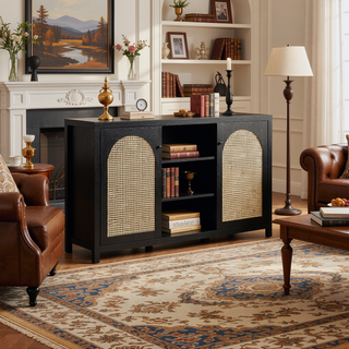 Sunvega Transitional 58-Inch Sideboard with Arched Rattan Door Panels