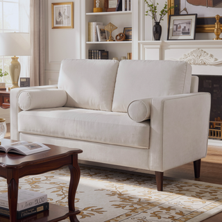 Sunvega Mid-Century Modern Off-White Leatherette Bench-Style Seating with Bolster Pillows