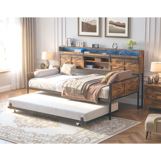 Sunvega Twin Daybed with Trundle Farmhouse Frame Sliding Barn Door Headboard Charging Station