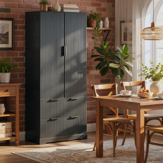 Sunvega Elegant French Refrigerator-Inspired Fluted Pantry Cabinet with 2 Drawers